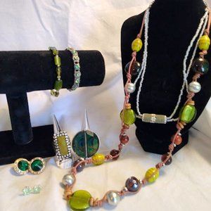 Green Jewelry Lot 8pc Necklaces Bracelets Earrings Rings Y2K Maximalist Eclectic
